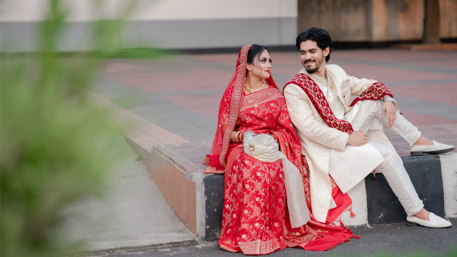 Outdoor couple session in red wedding attire