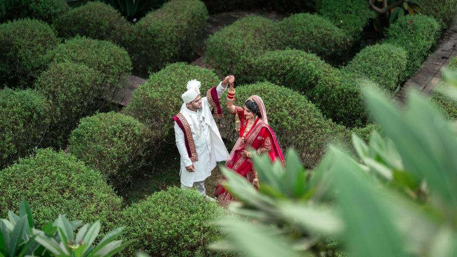 Wedding couple portrait in a garden